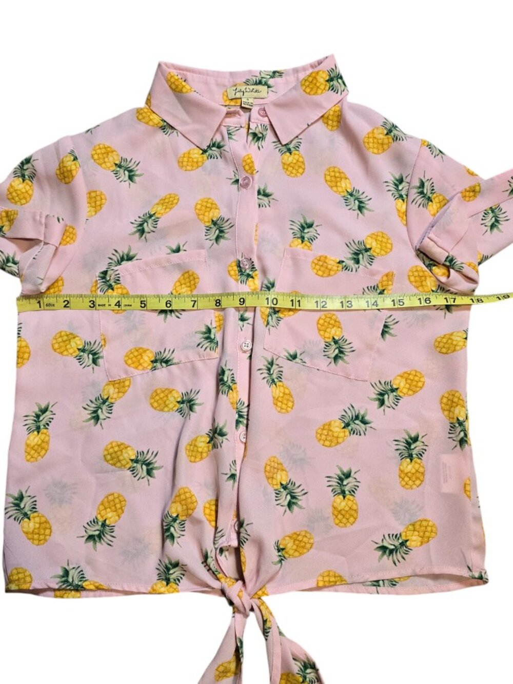 Lily White Women’s Short Sleeve Sheer Pink Pineapple Pattern Front Tie Button Up - Picture 3 of 9